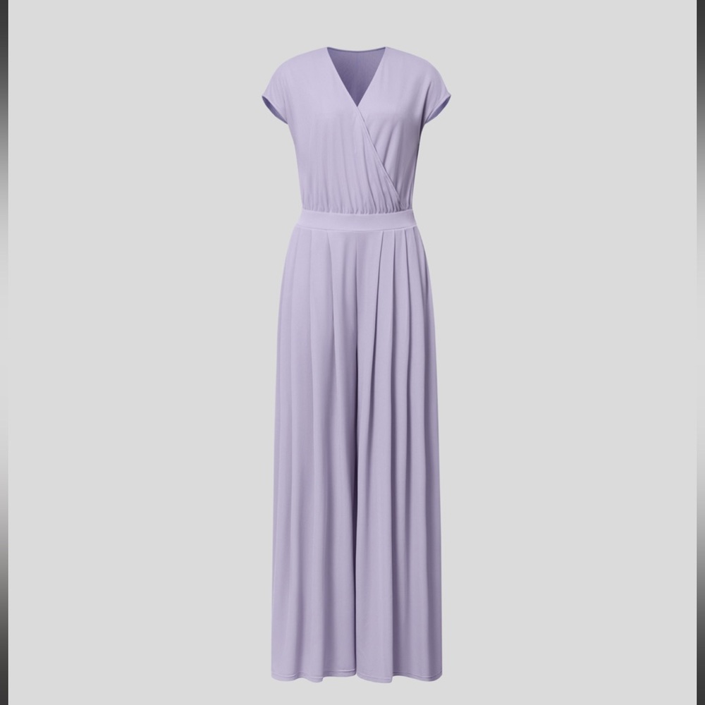 V Neck Short Sleeve Side Pocket Wide Leg Flowy Waffle Casual Jumpsuit | S Petite - Picture 8 of 16